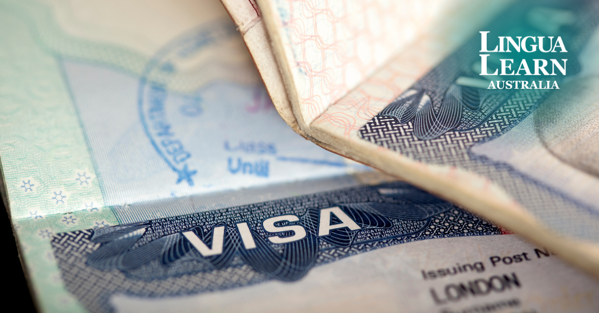 English for visa applicants shown through a close-up of an open passport with official visa stamps for Australian migration.