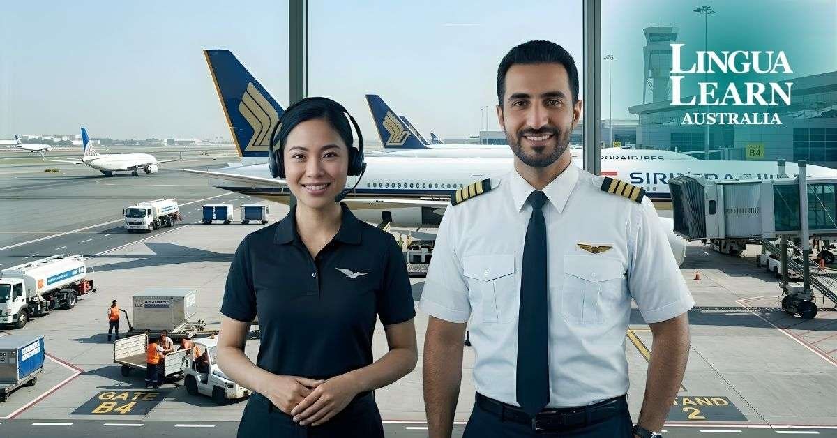 Air traffic controller and pilot standing side by side smiling, representing clear communication and reduced communication barriers in aviation for improved safety and efficiency.