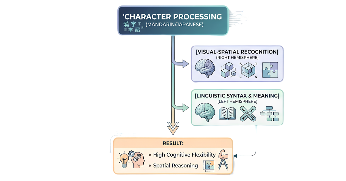 An educational infographic flow chart demonstrating how character processing in Mandarin and Japanese utilizes both brain hemispheres to improve cognitive flexibility and spatial reasoning.