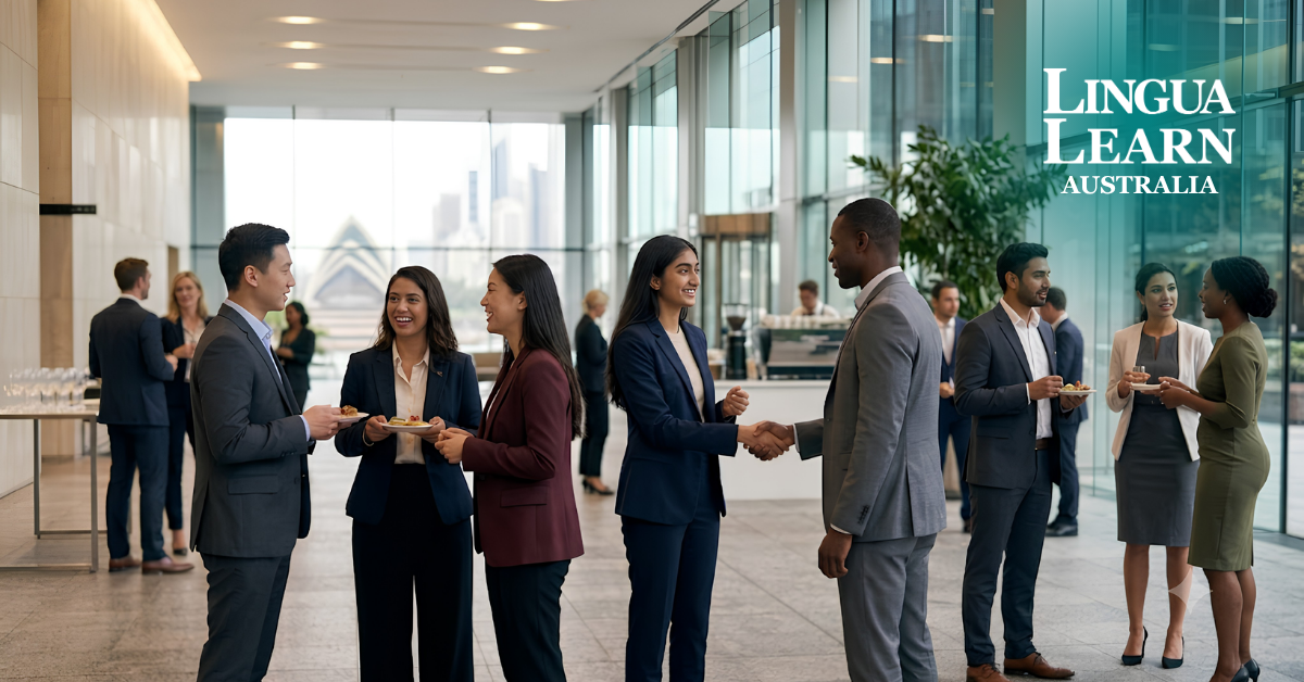 Multicultural business professionals networking at a corporate event in Sydney, showcasing CEFR-level English communication, professional confidence, and career development.