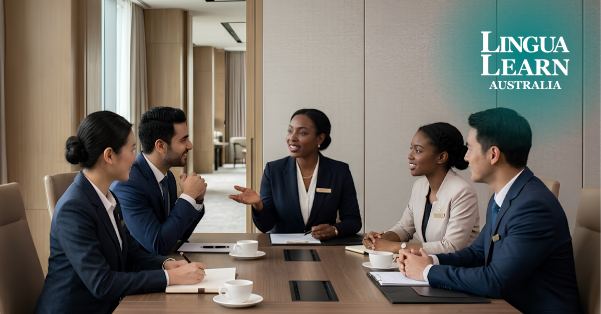 Workplace English training session led by a hospitality manager with a multicultural luxury hotel team, improving communication, collaboration, and employee development.
