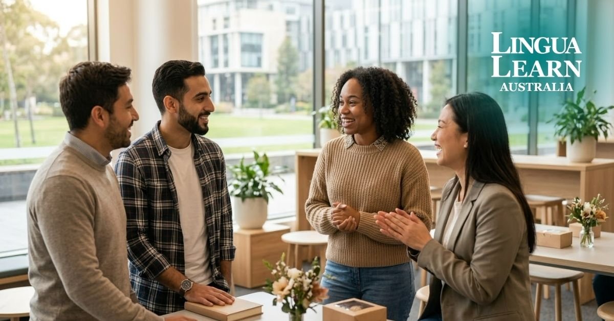A happy, diverse group of adult international students gathered in a bright, modern learning space, highlighting of successful language exam preparation like LanguageCert vs. TOEFL iBT with Lingua Learn Australia.