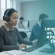 An adult international student with headphones, focused and practicing for a LanguageCert vs. TOEFL iBT exam in a modern, professional testing center with Lingua Learn Australia.