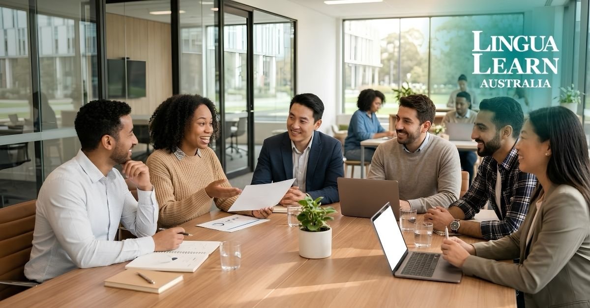 A diverse international business team collaborating and exchanging ideas around a table in a bright modern office, showcasing the power of multicultural synergy with Lingua Learn Australia.