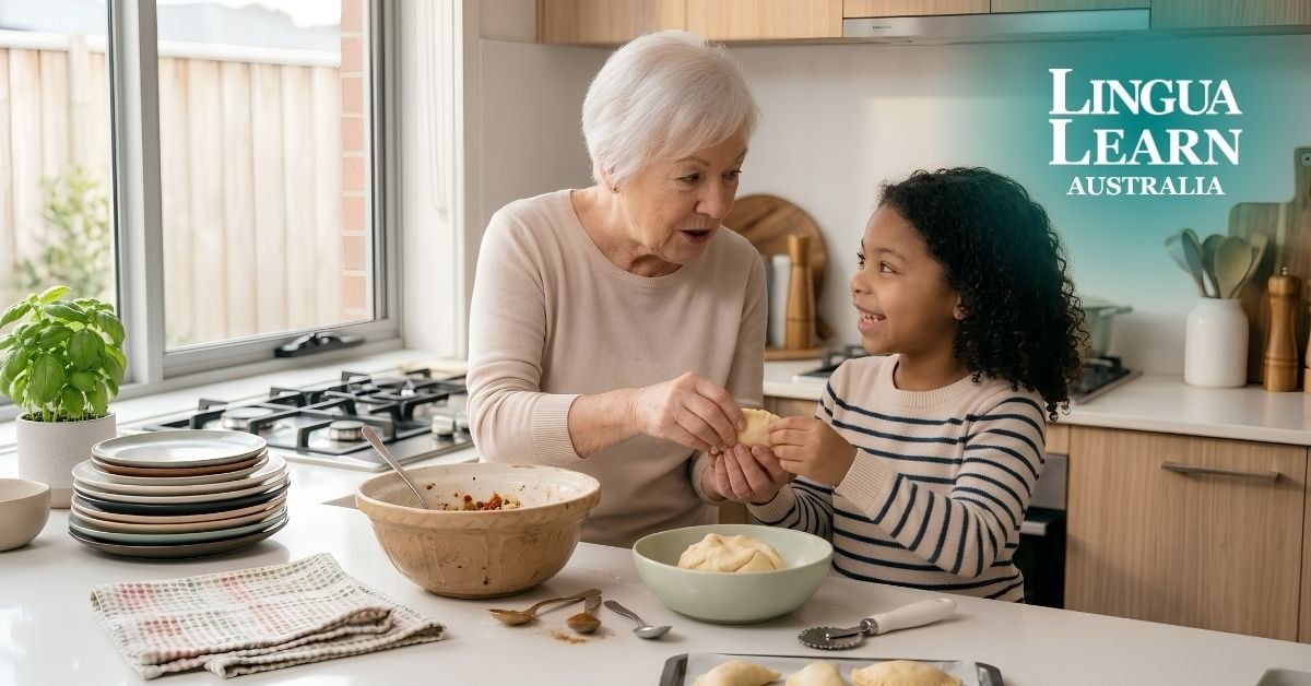 A young child happily preparing a traditional recipe with her grandmother in a kitchen, showing how language skills help kids connect with grandparents, supported by Lingua Learn Australia.