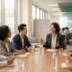A confident female leader presenting to her diverse international team at a boardroom table, demonstrating effective executive communication skills with Lingua Learn Australia.