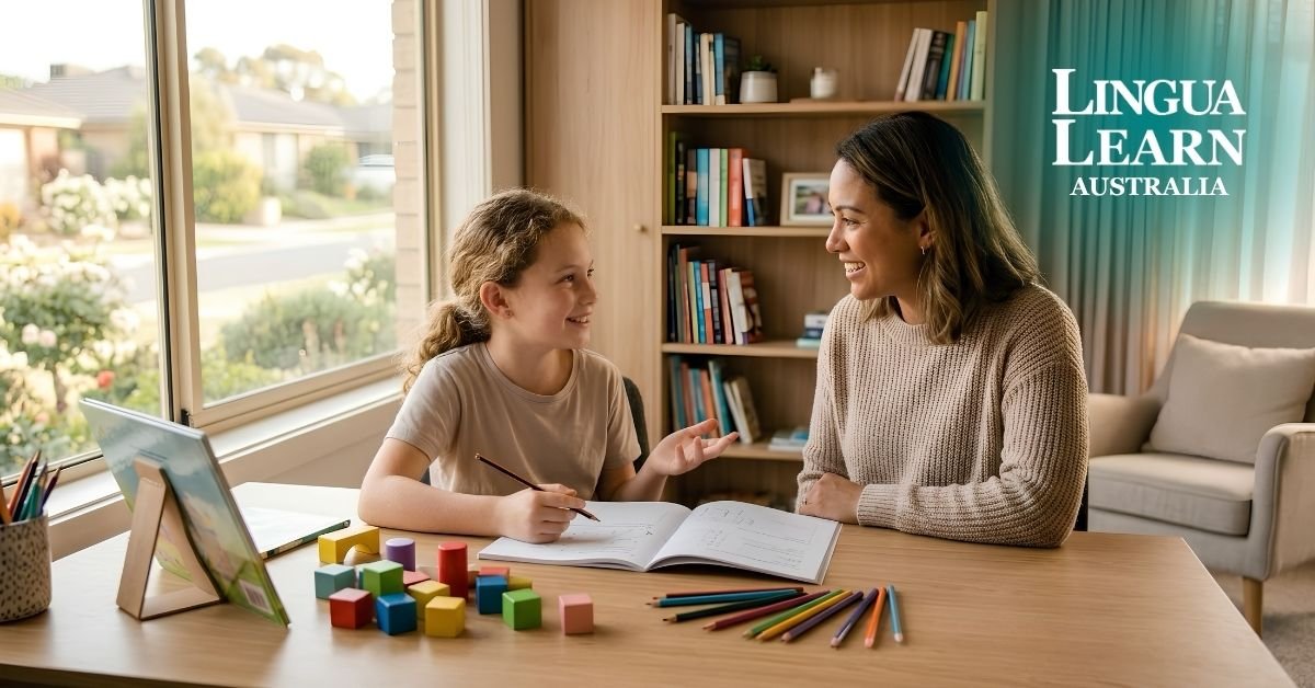 A primary school child smiling and interacting with a friendly tutor during a home study session, showing the benefit of primary school support with Lingua Learn Australia.